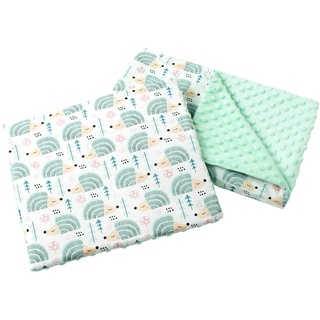 Medi Partners Babydecke Krabbeldecke mit Kissen 100% Baumwolle Minky Kinderdecke 55x75 + 35x30cm multifunktional für Kinderwagen Babyschale Wiege (Minze Igel mit minzer Minky)