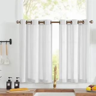Vangao Voile Scheibengardinen Modern Gardinen mit Ösen kurz Streifen Transparent Weiß Bistrogadine 2er Set 90Bx90Hcm Landhaus Vorhänge Gestreift Sheer Küchengardinen Wohnzimmer Wohnwagen Klein Fenster