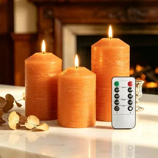 AiMok Led Kerzen mit Fernbedienung Timer 3er Set, Flammenlose Kerzenlichter | flackernde Säule Batteriebetriebener Stumpenkerzen aus Echtwachs für Adventskranz Weihnachten Hochzeit Deko, Orange