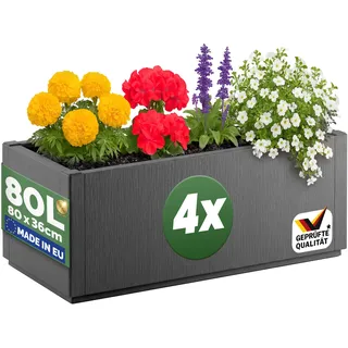 CASARIA® 4X Blumenkasten Ethica 80 L 80x36x36 cm | Pflanzkasten rechteckig aus Kunststoff Pflanzkübel Outdoor winterfest mit Ablaufboden Anthrazit