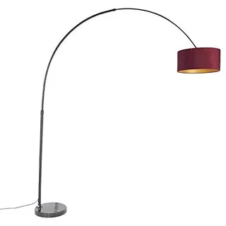 Qazqa - Modern Bogenleuchte I Bogenlampe I Lampe I Leuchte Schwarzer Samt-Schirm Rot mit Gold I Messing 50 cm - XXL I Wohnzimmer I Schlafzimmer - Stahl Länglich I Zylinder I Rund - LED geeignet E27
