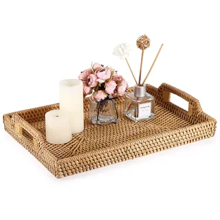 Sumnacon Rechteckiges Serviertablett aus geflochtenem Rattan, mit Griff, Aufbewahrungstablett für Kaffee, Getränke, Frühstück, Tee, Kerze, 34 x 24 cm