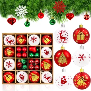 46 Stück Weihnachtskugeln Kunststoff Rot Weiß Grün,Ø 3-6cm Weihnachtsbaumschmuck mit Aufhängen,Christbaumkugeln für Outdoor Innen