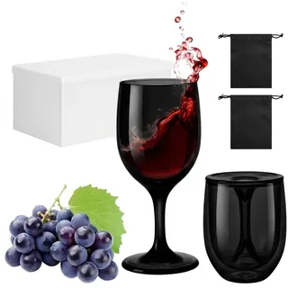 VINATO 2 Stück Weingläser Kunststoff to Go, 200ml Faltbares Weingläser Camping Plastik Set, mit Aufbewahrungsbox, Moderne Mehrweg Rotweingläser To Go, für Reisen Camping Outdoor Picknick(Schwarz)