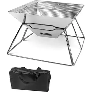 Ibenzoa® zusammenklappbare Feuerschale aus Edelstahl – mobile Feuerstelle 31 x 31 x 21 cm, 1,65 kg, mit Trichtergrill & Tragetasche für Garten und Camping - Silber