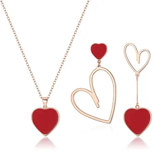 EVER FAITH Herz-Schmuck-Set für Damen rot Herz Anhänger Halskette und Asymmetrische Ohrringe Set Schmuck Geschenke für Rosegold-Ton