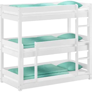 Weißes Dreier-Etagenbett für Erwachsene Stockbett für drei Personen 90x200 Kiefer weiß V-60.03-09WRollrost inkl. - Weiß