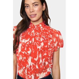 Rüschenbluse SAINT TROPEZ "LiljaSZ Crinkle SS Shirt", Damen, Gr. XS, orange (poinciana water blooms), Web, Obermaterial: 100% Polyester, geblümt, regular fit normal, Blusen Rüschenbluse, Kunstfaser, Regular fit