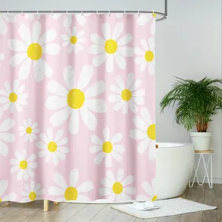 AIBIIN Duschvorhang, Motiv: rosa Gänseblümchen, niedliche weiße Blume, Badvorhang, Badezimmerdekoration, strapazierfähiges wasserdichtes Polyester-Material mit 12 Haken, 180 x 180 cm