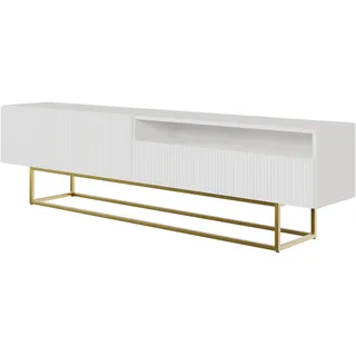 Selsey TV Schrank Board Sideboard Fernsehtisch Fernsehschrank 175 cm Goldene Beine Mit Offenem Fach Gefräste Front Weiß Veldio