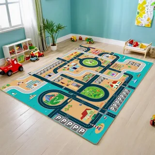 QUNKAKU Spielteppich Straße, Autoteppich für Spielzeugautos, Kurzflorig und Waschbar, Kinderteppich Straßenteppich Ideal für Das Kinderzimmer von Jungen und Mädchen(80×120cm)