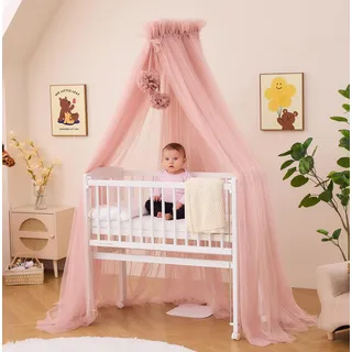 ALAVYA HOME® Betthimmel Tüll 120cm lang für Babybett & Wiege, Moskitonetz mit 2 Bommeln und Himmelstange I Babyzimmer Deko Schützt & Verzaubert Ihr Baby im Schlaf (Rosa)