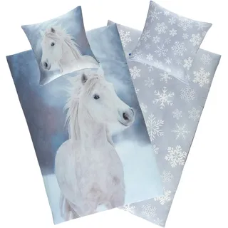 Aminata kids Biber Pferde Bettwäsche 135x200 Mädchen Kinder Pferdebettwäsche - Motiv mit Pferd - warm & kuschelig - 2teilig mit Reißverschluss - weiß, blau Schneeflocken