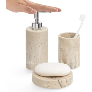 Navaris Badezimmer Set - Seifenspender Zahnputzbecher Set - 3er Set Badezimmer Accessoires - Badezimmer Zubehör Set - Badezimmerset - Kunststein