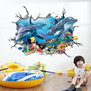 decalmile Wandtattoo Unterwasserwelt 3D Delfin Unter dem Meer Wandaufkleber Ozean Fisch Meeresschildkröten Wandsticker Junge Kinderzimmer Badezimmer Wanddeko