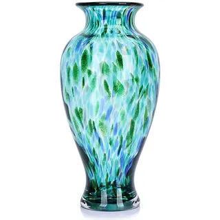 Mundgeblasene Glasvase, 30 cm hoch, schöne türkisfarbene Vase mit breiter Öffnung, Knospenvase für Tischdekoration, buntes Muranoglas, Blumenvasen für Zuhause, Eingang, Hochzeitszentrum