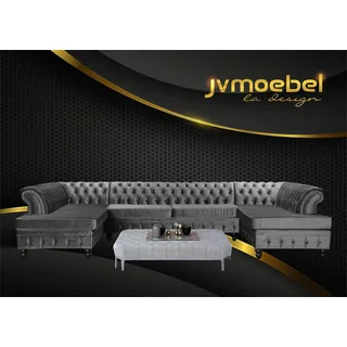 Set Luxury Modern Ecksofa U-Form Chesterfield und Couchtisch Wohnzimmer Textil - Grau