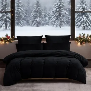 YASMENG Winter Bettwäsche 135x200 4teilig Schwarz Warm Uni Kuschelig Flauschige Bettwäsche Winter Weich Samt Plüsch Fleece Flanell Bettbezug Set Geschenk mit Reißverschluss und 2 Kissenbezüge 80x80 cm
