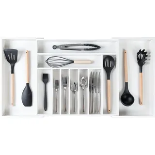 KitchenEdge Hochwertiger Besteck- und Utensilien-Organizer für Küchenschubladen, lebensmittelecht, erweiterbar von 45,7 bis 83,8 cm, weißer Bambus