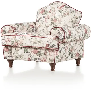 Furn.Design Sessel creme Landhaus, Blumen Design, Loungesessel 110 cm , Textil , Echtholz , Floral , rund , 110x96x90 cm , Wohnzimmer, Sessel, Polstersessel