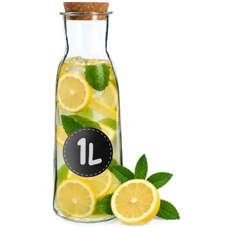 KADAX Glaskaraffe mit Korkdeckel, 1L Wasserkaraffe aus hochqualitativem Glass, 27x9cm Karaffe für Wasser, Limonade, Wein und Saft, Wasserkrug mit Korkstopfen (1L)