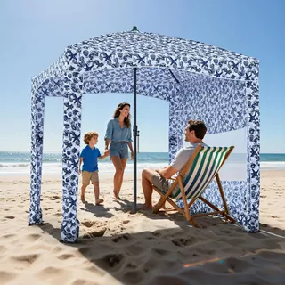 Vevor Strand-Cabana 183 x 183 cm Strandüberdachung mit Seitenwand, UPF 50+ Sonnenschutz, Strandpavillon mit Sandsäcken, großer tragbarer Sonnenschutz Sonnenschirm für Familie Freunde Outdoor