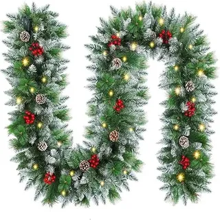 FGHB Weihnachtsgirlande, 9FT / 2.7M mit Beleuchtung, batteriebetrieben mit 30 LED, für Haus, Treppe, Kamin, Haustür, Terrasse und Garten, Grün, PVC