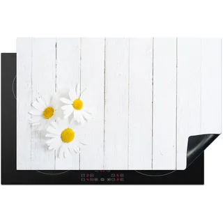 KitchenYeah© Herdabdeckplatte Einteilig Abdeckplatten Glaskeramikkochfeld | 81.6x52.7 cm - Abdeckung Glaskeramikkochfeld Herdplattenabdeckung Induktionsmatte Blumen - Gänseblümchen - Holz - Weiß