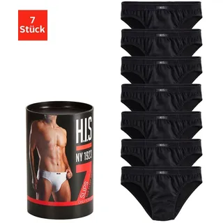 Slip H.I.S "Unterhosen für Herren", Herren, Gr. 4 (S), 7 Stk., schwarz, Jersey, Obermaterial: 95% Baumwolle, 5% Elasthan, unifarben, körpernah, Unterhosen Slip, aus Baumwoll-Mix in einer Dose verpackt, Topseller