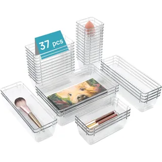 Vtopmart 37 Stücke Schubladen Ordnungssystem mit 4 Größen, Schubladen Organizer, Klar Kunststoff, Schminktisch, Einsetzbar für Makeup, Küchen, Bad, Büro