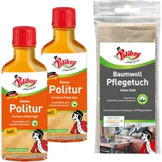 POLIBOY fixneu Politur hell - Möbelpolitur für helle lackierte Hölzer - farbauffrischende Holzpolitur - 2x 100ml - Mit Baumwolltuch - Made in Germany