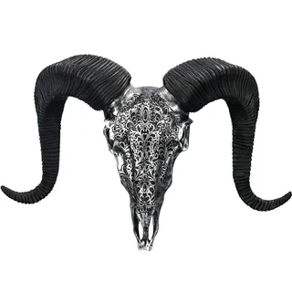Pacific Giftware Trophäe Wandrelief - Widderschädel 29 cm mit Verzierungen silber Totenkopf mit Hörnern Trophäe | Stier Bulle Kopf Longhorn Schaf