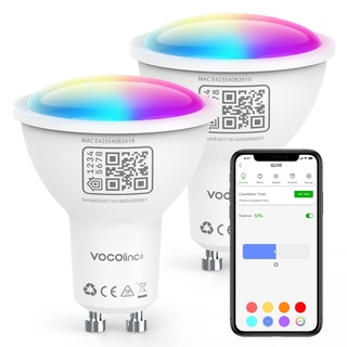 VOCOlinc GU10 Smarte Glühbirne, RGBW LED Lampe Kompatibel mit Apple HomeKit, Alexa und Google Assistant, WLAN Smart Bulb Dimmbar per App oder Sprache, 4.5W=50W, 2200K–7000K Warm/Kaltweiß, 2 Stück