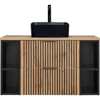 Waschtisch Kombination 100 cm Unterschrank mit Regalen, Aufsatzwaschbecken schwarz matt XANTEN-56 in anthrazit mit Eiche Nb. schwarz gerillt, B/H/T: ca. 100,6/72,2/46,5 cm - Braun