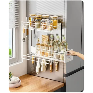 Trysea Magnetisches Gewürzregal für Kühlschrank mit verschiebbaren Schienenregalen, weißes Kühlschrank Magnet Regal mit 5 Haken, Magnetisches Regal Für Waschmaschine