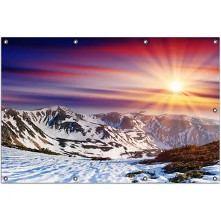 Wallario Outdoor-Poster für Garten oder Balkon, Motiv Farbenfroher Sonnenuntergang im Winter - Schnee in den Bergen, in ca. 100 x 150 cm - Rot