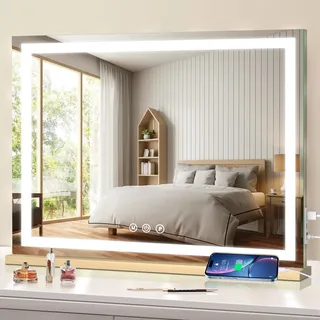halumao Schminkspiegel mit Beleuchtung, 58 x 48 cm Hollywood schminktisch Spiegel mit Beleuchtung, 3 Modi Dimmbar Tischspiegel mit Touch-Schalter USB-Ladeanschluss Gold