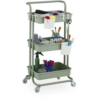 Relaxdays Rollwagen, 3 Etagen, Servierwagen, Küchenwagen für Bad & Büro, Rollregal, HBT: 86x42,5x36cm, Bastelwagen, grün