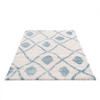 Carpet City Teppich Shaggy Hochflor - Ethno-Stil 80x150 cm Blau Creme - Moderne Wohnzimmer-Teppiche