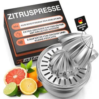 Maila Zitronenpresse Edelstahl 304 - (2 Pressköpfe) XXL Handpresse für Zitronen und Limetten - Saftpresse manuell, Zitruspresse ergonomischer Griff, Intergriete ML-Skala