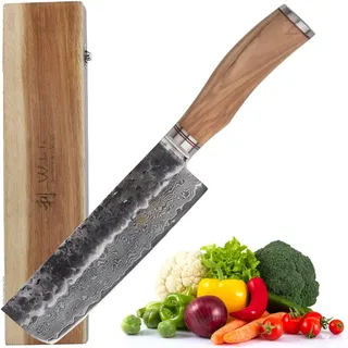 Wakoli Olive HS Damastmesser Nakiri Messer 17 cm Klinge gefertigt aus 67 Lagen echtem Damaststahl mit edlem Olivenholzgriff und Hammerschlag I Premium Küchenmesser in edler Holzbox