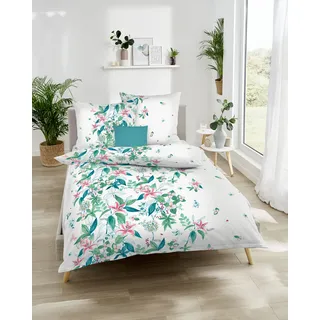 Bettwäsche KAEPPEL "Dschungellilien", blau (türkis), B/L: 135cm x 200cm, 1 Stk., 1 Stk., Seersucker, B/L: 80cm x 80cm, 2 Stk., Seersucker, Obermaterial: 100% Baumwolle, Bettwäsche, Bettwäsche