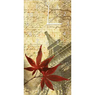 Wallario Design Wanduhr Paris Design - Eiffelturm im Herbst aus Echtglas, Größe 30 x 60 cm - Gelb
