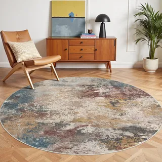 GENIMO Moderner Runder Teppich Bunt, Waschbar fürs Wohnzimmer, Ø 160 cm