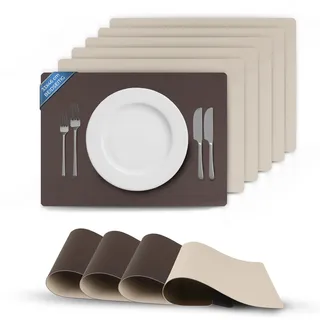 Bestlivings Tischset (6er Set) abwischbares Lederimitat Platzdeckchen 46x33cm - Doppelseitiges Unifarben (Braun/Beige) Kunstleder Platzset