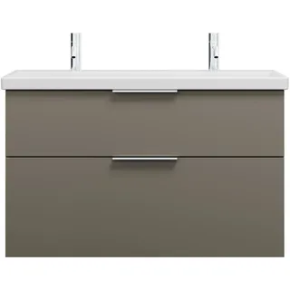 burgbad Eqio Keramik-Waschtisch mit 2 Armaturbohrungen, inklusive Waschtischunterschrank, Breite 1030mm, SEYR103F2010C0001G0146, Farbe: Grau Hochglanz / Grau Hochglanz, Griff Chrom G0146