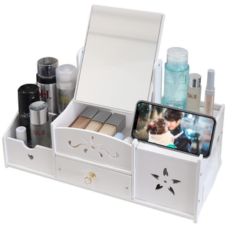 LEcylankEr Cosmetic Organizer, Schminktisch Organizer mit Spiegel, Multifunktionaler Desktop Kosmetik Organizer, Weiß Make up Organizer mit Schublade für Schlafzimme/Badezimmer (Quadratischer Spiegel)