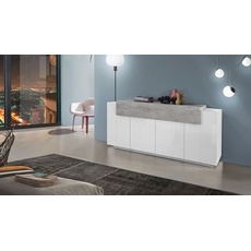 Dmora - Kommode Loris, Küchen-Sideboard mit 4 Türen, Buffet für Wohnzimmer, 100% Made in Italy, cm 200x45h86, glänzendes Weiß und Zement