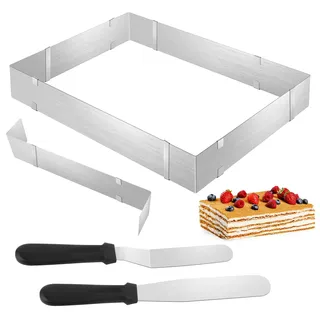Backrahmen Rechteckig Verstellbar, Backrahmen Eckig Verstellbar mit Teiler und Spatel, Wiederverwendbar Edelstahl Backform Rechteckig, Backblech Ausziehbar für Schichttorten Kuchen Torten Pizza