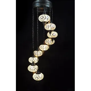 9-flammige türkische Hängelampe aus Mosaikglas in Weiß – orientalische Deckenleuchte mit 7 bunten Glaskugeln - Weiß